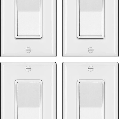[Paquete de 4] Interruptor de luz de pared decorativo de 3 vías BESTTEN con placa de pared, 15 A, 120/277 V, interruptor basculante de encendido/apagado, certificado cUL, blanco