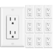 BESTTEN Paquete de 10 tomacorrientes decorativos de 15 amperios para uso residencial y comercial, 15A/125V/1875W, tomacorriente de pared estándar, placa decorativa incluida, certificado cUL, color blanco.