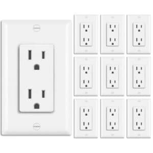 BESTTEN Paquete de 10 tomacorrientes decorativos de 15 amperios para uso residencial y comercial, 15A/125V/1875W, tomacorriente de pared estándar, placa decorativa incluida, certificado cUL, color blanco.