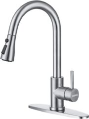 Grifo de cocina HUAAKE con rociador extraíble, grifo de fregadero de cocina multifuncional de acero inoxidable con monomando y arco alto, grifo de cocina comercial moderno giratorio de 360° con placa de cubierta.
