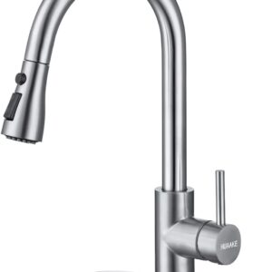 Grifo de cocina HUAAKE con rociador extraíble, grifo de fregadero de cocina multifuncional de acero inoxidable con monomando y arco alto, grifo de cocina comercial moderno giratorio de 360° con placa de cubierta.