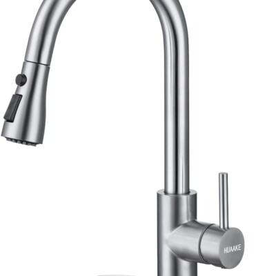 Grifo de cocina HUAAKE con rociador extraíble, grifo de fregadero de cocina multifuncional de acero inoxidable con monomando y arco alto, grifo de cocina comercial moderno giratorio de 360° con placa de cubierta.